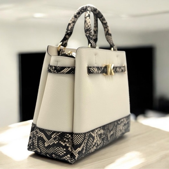 Michael Kors Large Reed CZ Belted Satchel Bag Light Cream Multi - Picture 4 of 12